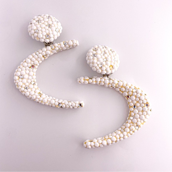 Rare Vintage Couture James Arpad Rhinestone Clipon White Abstract Large Earrings - Picture 11 of 16